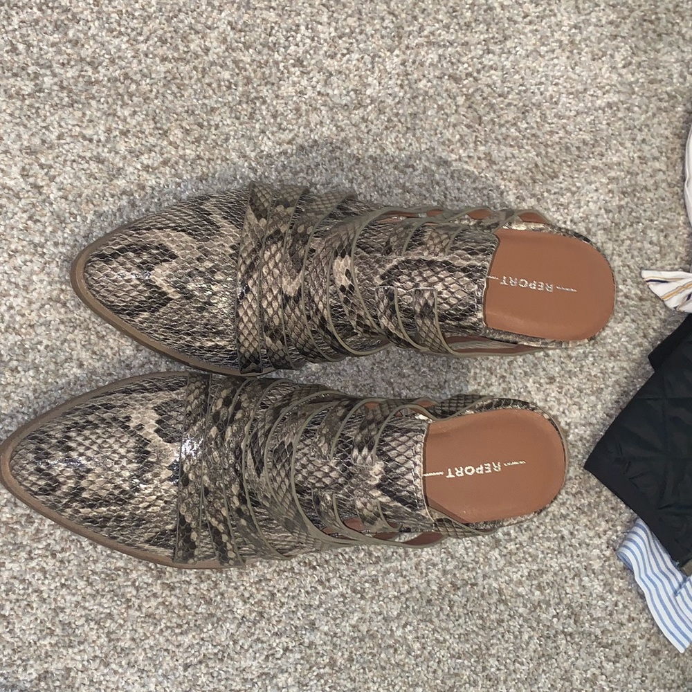 report snakeskin heeled mules